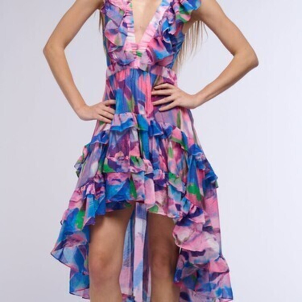 BAHAMA MAMA PRINTED HIGH LOW MINI DRESS - M